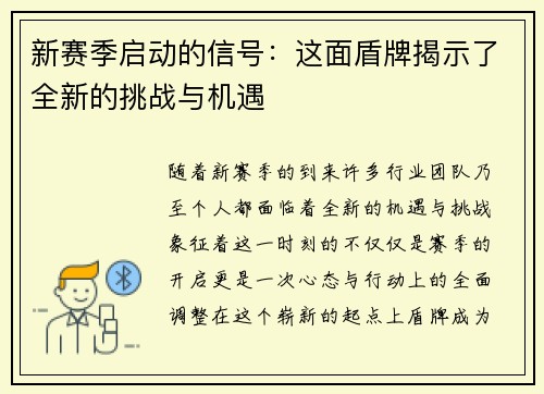 新赛季启动的信号：这面盾牌揭示了全新的挑战与机遇