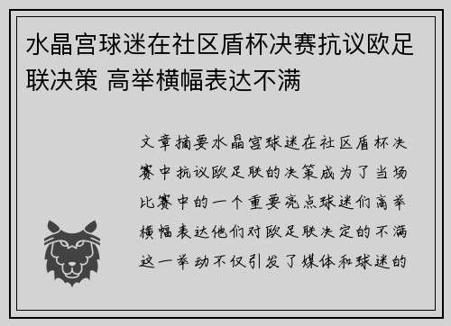 水晶宫球迷在社区盾杯决赛抗议欧足联决策 高举横幅表达不满