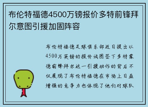 布伦特福德4500万镑报价多特前锋拜尔意图引援加固阵容